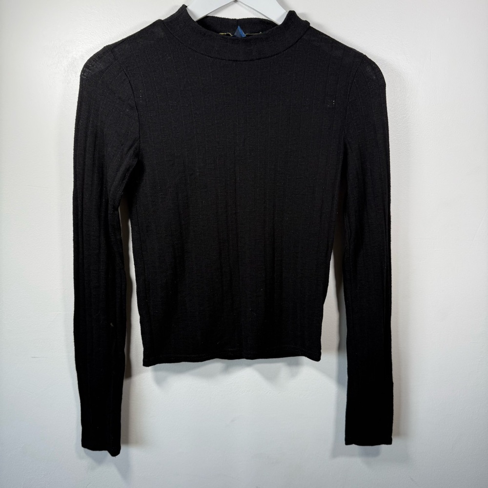 Prince & Fox Black Ribbed Long Sleeve Mock Neck Top – Size M, Stretch Knit